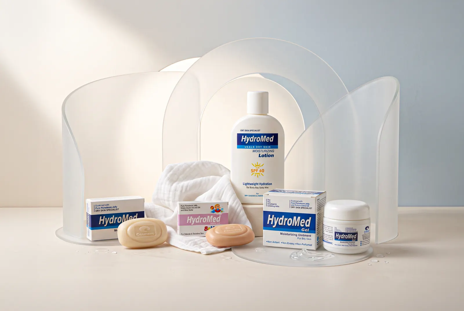 HydroMed lotion, soaps and boxes with soft white towels