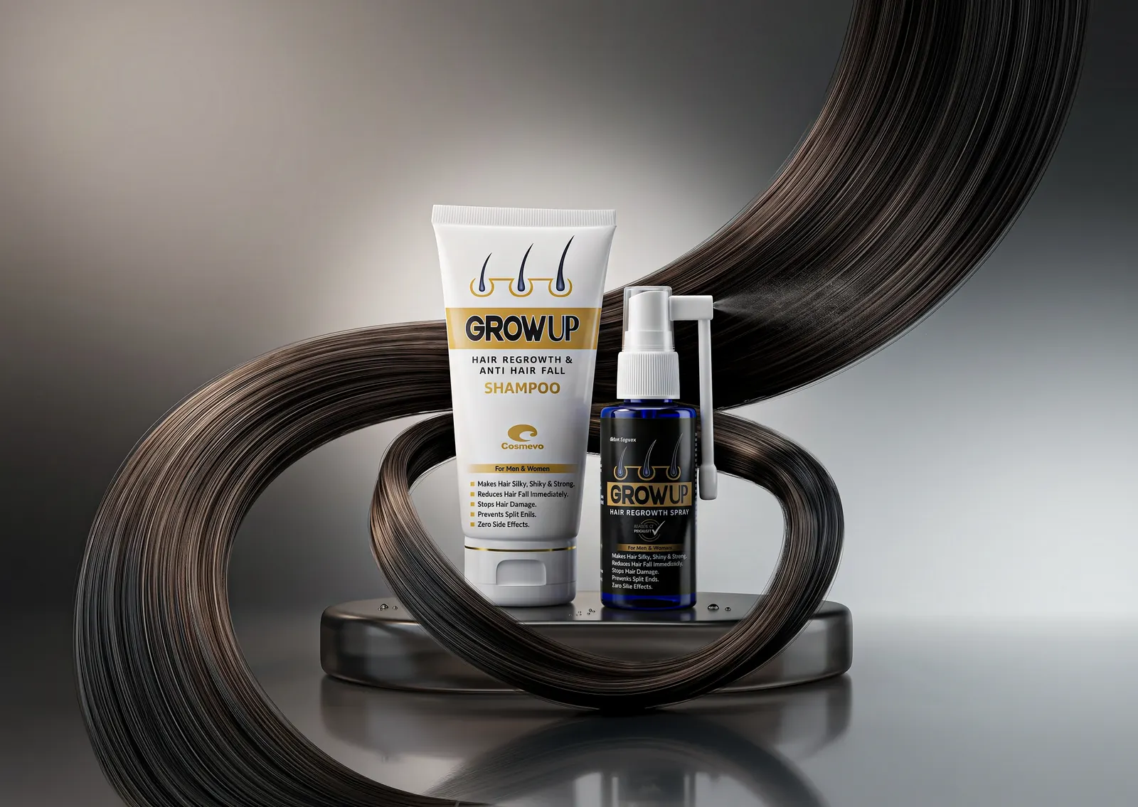 Grow Up shampoo and hair spray against flowing dark hair
