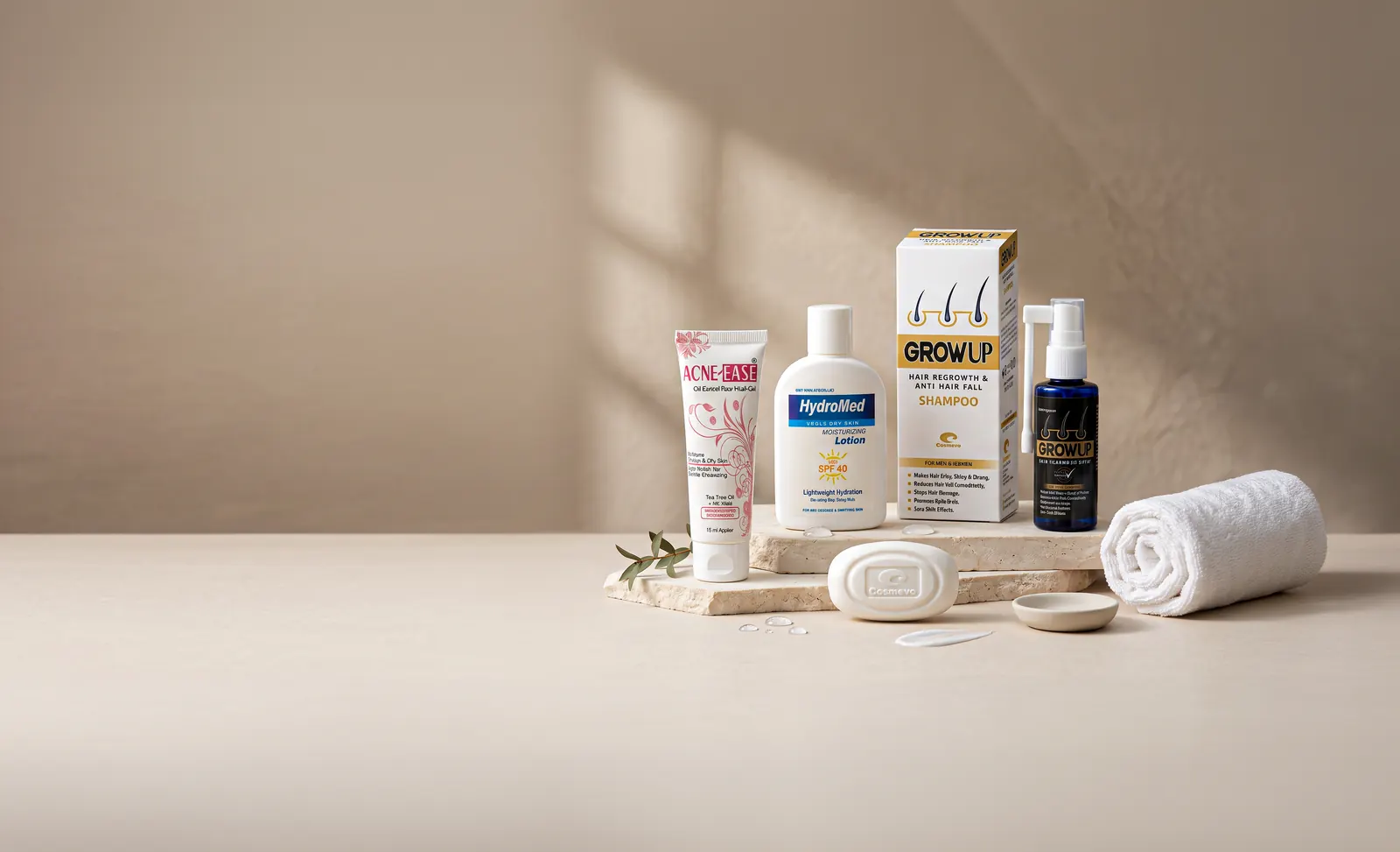 The Cosmevo range on a stone tray in soft daylight