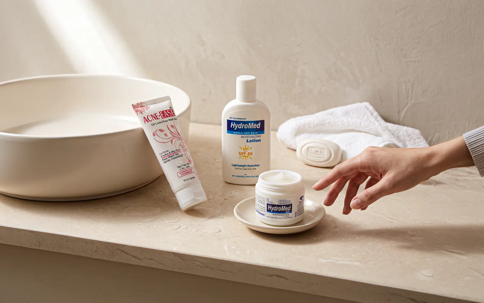 Acne Ease face wash, HydroMed lotion and ointment and a cleansing bar by a wash basin